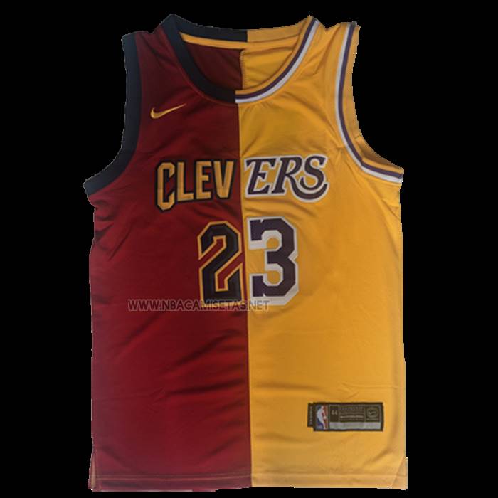 Camiseta Cleveland Cavaliers Los Angeles Lakers LeBron James NO 23 Split Rojo Amarillo